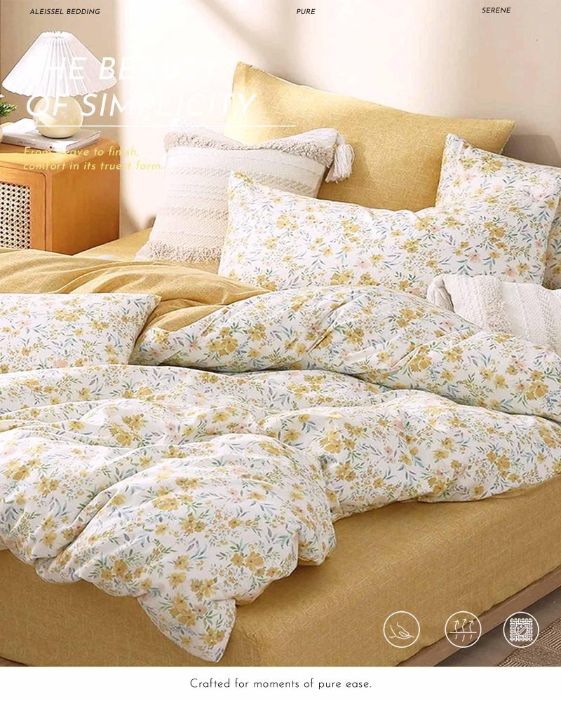 ALEISSEL Natural Cotton 3pcs Floral Comforter Sets King Size-Yellow Comforter with Pink & Yellow Flowers and Blue & Green Leaves on White  Reversible Lightweight Bedding Sets(King 104""?90"") - Image 2